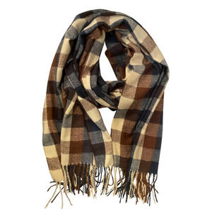 Hat Attack Buffalo Check Fringe Scarf In Navy Brown Cream New
